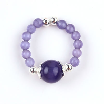 4mm Handmade Gemstone Beaded Ring Adjustable Elastic Purple Cat's Eye Stone Ring For Party Daily Wearing