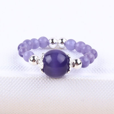 4mm Handmade Gemstone Beaded Ring Adjustable Elastic Purple Cat's Eye Stone Ring For Party Daily Wearing