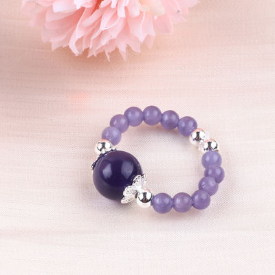 4mm Handmade Gemstone Beaded Ring Adjustable Elastic Purple Cat's Eye Stone Ring For Party Daily Wearing