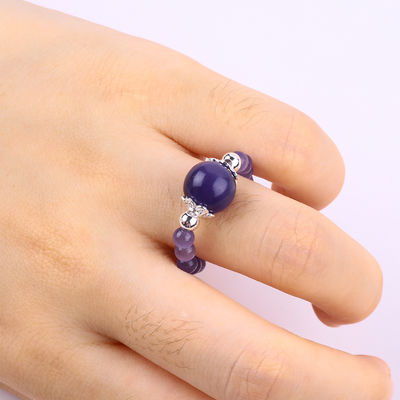 4mm Handmade Gemstone Beaded Ring Adjustable Elastic Purple Cat's Eye Stone Ring For Party Daily Wearing