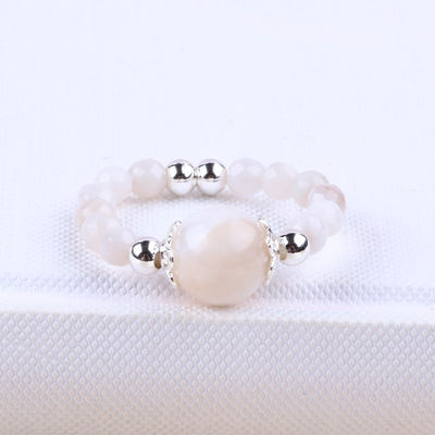 4mm Handmade Gemstone Beaded Ring Adjustable Elastic White Agate Stone Ring For Party Daily Wearing