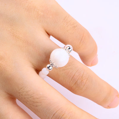 4mm Handmade Gemstone Beaded Ring Adjustable Elastic White Agate Stone Ring For Party Daily Wearing