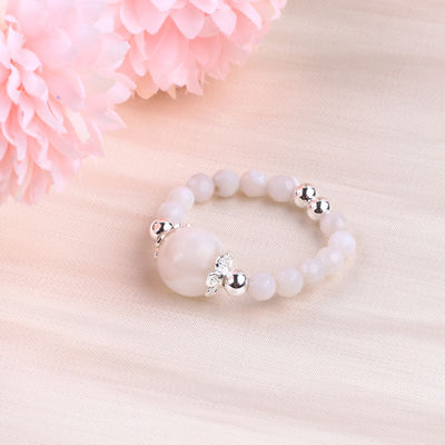 4mm Handmade Gemstone Beaded Ring Adjustable Elastic White Agate Stone Ring For Party Daily Wearing