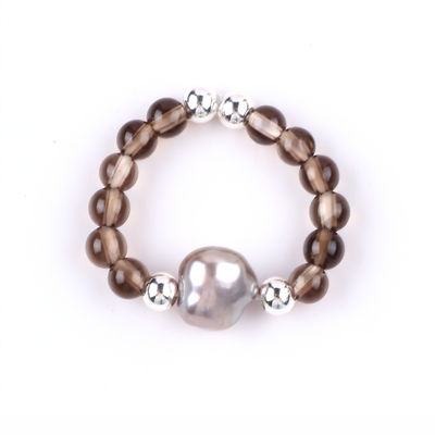 4mm Handmade Gemstone Beaded Ring Adjustable Elastic Tea-coloured Citrine Stone Ring With Peal For Party Daily Wearing