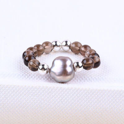 4mm Handmade Gemstone Beaded Ring Adjustable Elastic Tea-coloured Citrine Stone Ring With Peal For Party Daily Wearing