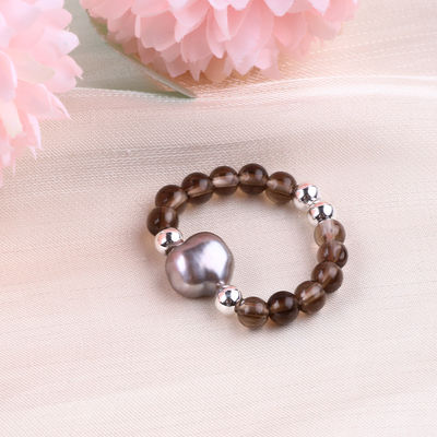 4mm Handmade Gemstone Beaded Ring Adjustable Elastic Tea-coloured Citrine Stone Ring With Peal For Party Daily Wearing
