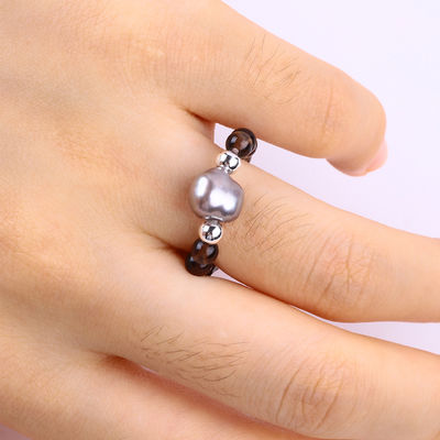 4mm Handmade Gemstone Beaded Ring Adjustable Elastic Tea-coloured Citrine Stone Ring With Peal For Party Daily Wearing