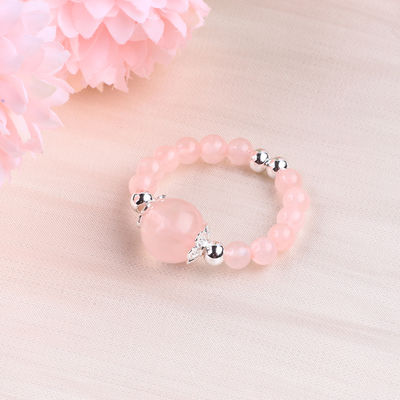 4mm Handmade Gemstone Beaded Ring Adjustable Elastic Rose Quartz Stone Ring For Party Daily Wearing