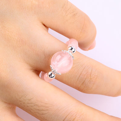 4mm Handmade Gemstone Beaded Ring Adjustable Elastic Rose Quartz Stone Ring For Party Daily Wearing
