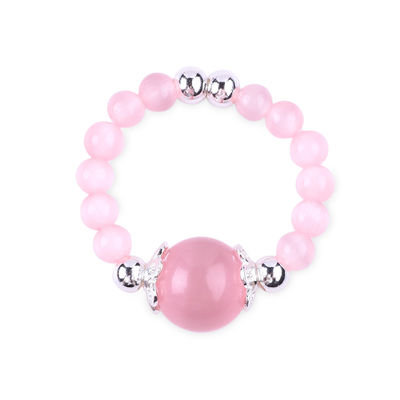 4mm Handmade Gemstone Beaded Ring Adjustable Elastic Pink Cat's Eye Stone Ring For Party Daily Wearing