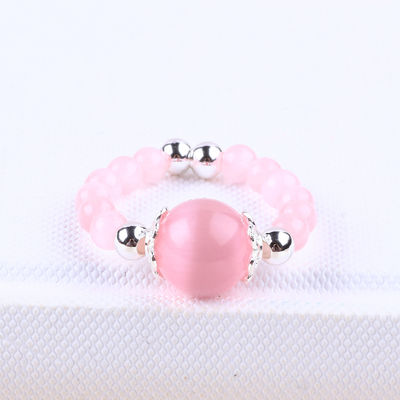 4mm Handmade Gemstone Beaded Ring Adjustable Elastic Pink Cat's Eye Stone Ring For Party Daily Wearing