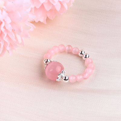 4mm Handmade Gemstone Beaded Ring Adjustable Elastic Pink Cat's Eye Stone Ring For Party Daily Wearing