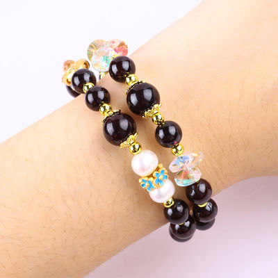 Custom DIY 8MM Garnet And White Pearl With Flower Spacer Bead Double Bangle For Daily Wear