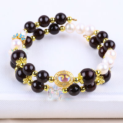 Custom DIY 8MM Garnet And White Pearl With Flower Spacer Bead Double Bangle For Daily Wear