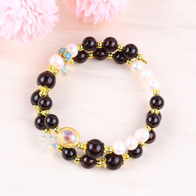 Custom DIY 8MM Garnet And White Pearl With Flower Spacer Bead Double Bangle For Daily Wear