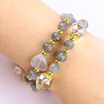 Multifacted 7MM Labradorite And Fresh Water Pearl Handmade Gemstone Purple Bear Charm Bead Bracelet