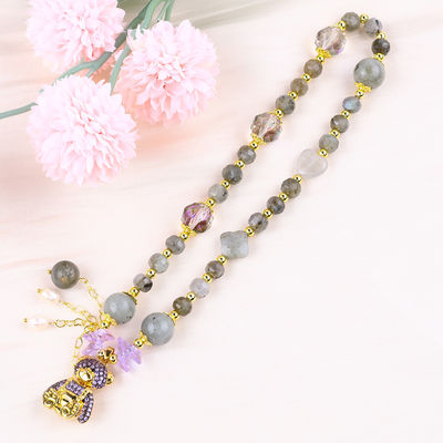 Multifacted 7MM Labradorite And Fresh Water Pearl Handmade Gemstone Purple Bear Charm Bead Bracelet