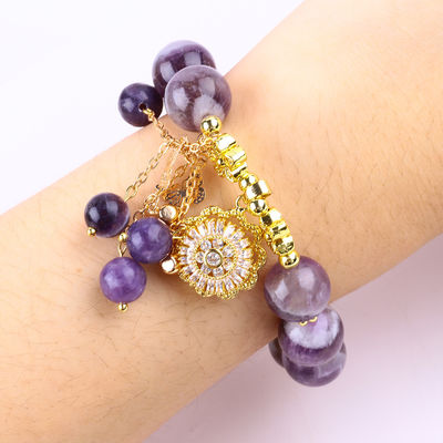 Handmade 12MM Dream Amethyst With Flower Spinner Charm  Blessing Crystal Bead Bracelet
