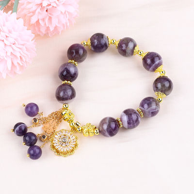 Handmade 12MM Dream Amethyst With Flower Spinner Charm  Blessing Crystal Bead Bracelet