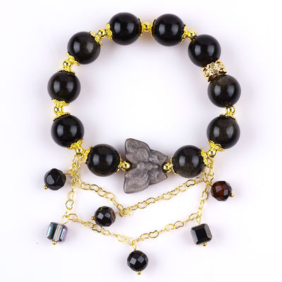 Semi-Precious Stone Golden Obsidian With Silver Obsidian Butterfly Round Shape Bead Bracelet