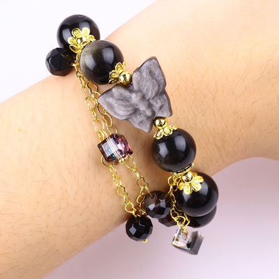 Semi-Precious Stone Golden Obsidian With Silver Obsidian Butterfly Round Shape Bead Bracelet