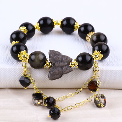 Semi-Precious Stone Golden Obsidian With Silver Obsidian Butterfly Round Shape Bead Bracelet