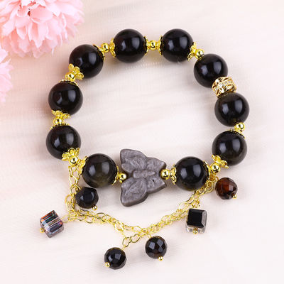 Semi-Precious Stone Golden Obsidian With Silver Obsidian Butterfly Round Shape Bead Bracelet