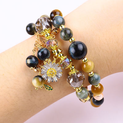 Unique 8MM With Dream Tiger Eye SunFlower Spinner Charm  Blessing Crystal Double Layer Bracelet