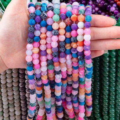 Rainbow Weathered Agate Loose Bead Strands Semi Precious Stone Matt Frosted Cracked Agate for DIY Jewelry Making