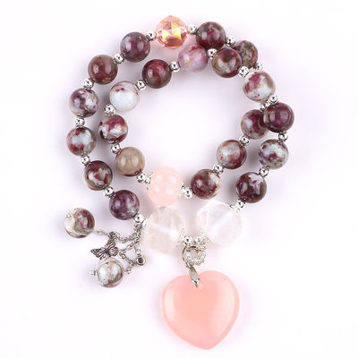 Pulm Blossom Tourmaline Rose Quartz  Heart Dangle Charm Stretch Double Layer Bead Bracelet