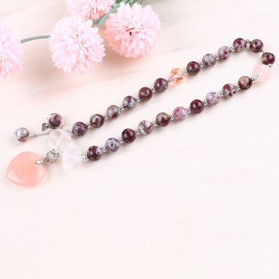 Pulm Blossom Tourmaline Rose Quartz  Heart Dangle Charm Stretch Double Layer Bead Bracelet