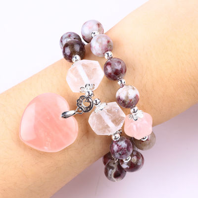 Pulm Blossom Tourmaline Rose Quartz  Heart Dangle Charm Stretch Double Layer Bead Bracelet