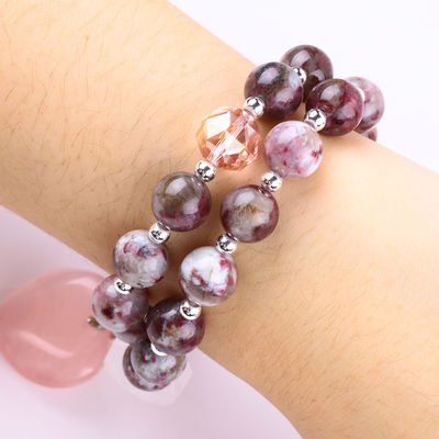 Pulm Blossom Tourmaline Rose Quartz  Heart Dangle Charm Stretch Double Layer Bead Bracelet