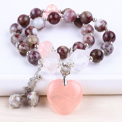 Pulm Blossom Tourmaline Rose Quartz  Heart Dangle Charm Stretch Double Layer Bead Bracelet