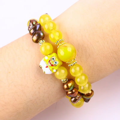 Healing Real Crystal Yellow Chalcedony And Coffee Color Freshwater Pearl With Spongebob Cartoon Charm Bracelet