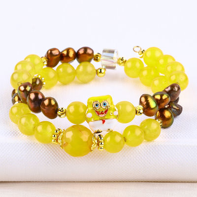 Healing Real Crystal Yellow Chalcedony And Coffee Color Freshwater Pearl With Spongebob Cartoon Charm Bracelet