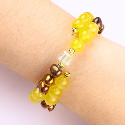 Healing Real Crystal Yellow Chalcedony And Coffee Color Freshwater Pearl With Spongebob Cartoon Charm Bracelet