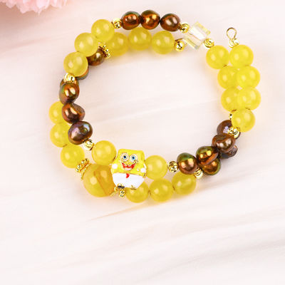 Healing Real Crystal Yellow Chalcedony And Coffee Color Freshwater Pearl With Spongebob Cartoon Charm Bracelet