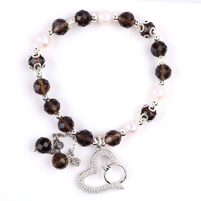 Natural Smoky Quartz And White Pearl Reiki Healing Elastic Heart Charm Stretch Bracelet
