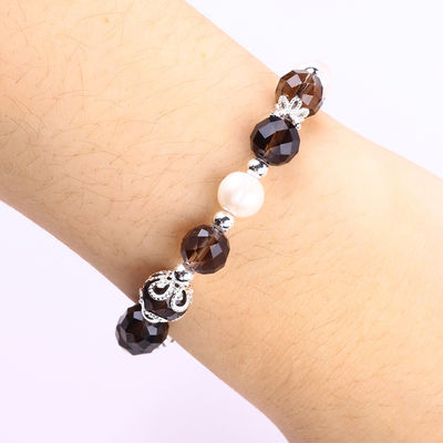 Natural Smoky Quartz And White Pearl Reiki Healing Elastic Heart Charm Stretch Bracelet