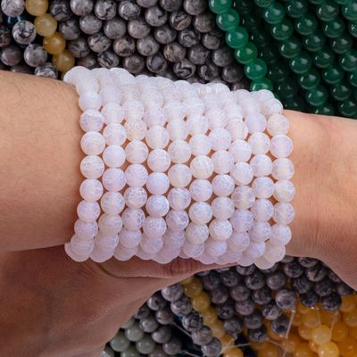 White Weathered Agate Loose Bead Strands Semi Precious Stone Matt Frosted Cracked Agate for DIY Jewelry Making