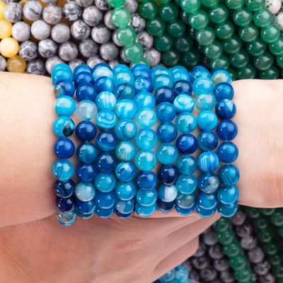 Blue Stripped Agate Loose Bead Strands Semi Precious Stone for DIY Jewelry Making