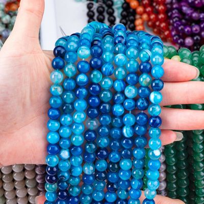 Blue Stripped Agate Loose Bead Strands Semi Precious Stone for DIY Jewelry Making