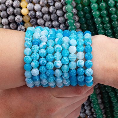 Blue Weathered Agate Loose Bead Strands Semi Precious Stone Matt Frosted Cracked Agate For DIY Jewelry Making