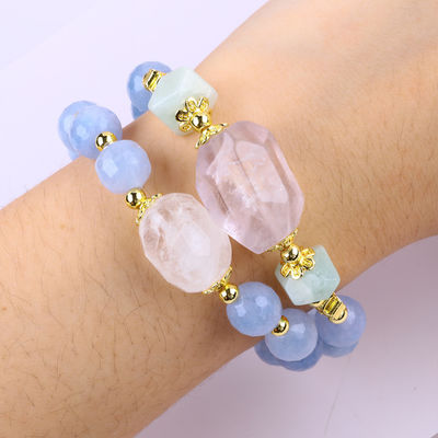 Handmade Custom Crystal Blue Chalcedony Double Layer Multifacted Round Bead Bracelet For Jewelry Gift