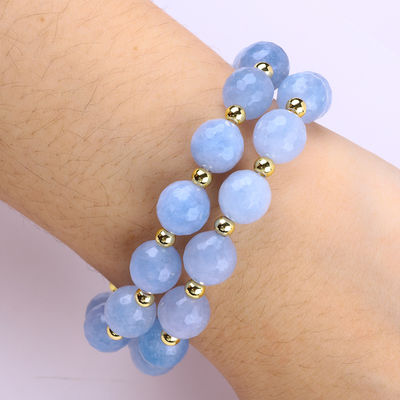 Handmade Custom Crystal Blue Chalcedony Double Layer Multifacted Round Bead Bracelet For Jewelry Gift