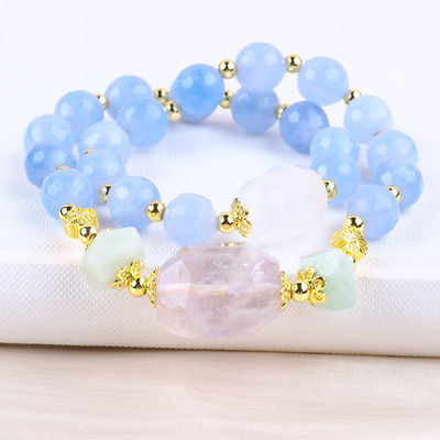 Handmade Custom Crystal Blue Chalcedony Double Layer Multifacted Round Bead Bracelet For Jewelry Gift