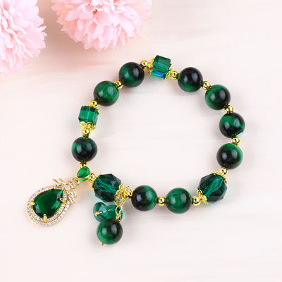 Natural Green 10mm Tiger Eye Bracelet With Copper Gold Plating