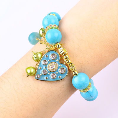 12mm Blue Turquoise Crystal Bracelet Sparkling Heart Stretch Charm Bracelet