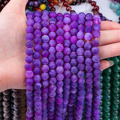 Purple Weathered Agate Loose Bead Strands Semi Precious Stone Matt Frosted Cracked Agate for DIY Jewelry Making